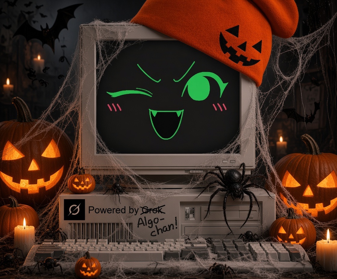 walt1118's tweet photo. "Boo!"
"AAAAAHH!!"
"Heehee! Are you excited for-"
"FUUUCK!!"
"Are y-"
"PEPE! THE COMPUTER IS HAUNTED!!"
"Would you shut up?! It's me, you idiot!!"
"Huh?"
"I'm decorated for Halloween!"
"Oh! Thank goodness! You almost scared me there, Algo-chan."
"Right..."
"Nice hat, by the way." https://t.co/P0BGQVd7Cg