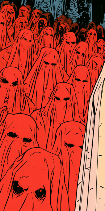 A comic book illustration depicting a large, menacing crowd of red, hooded figures with hollow black eyes.