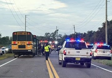 TrumpGirlLove's tweet photo. 🚨Prayers needed, this happened this morning not far from me. 

A school bus headed to Winter Haven High School overturned in a crash on Lucerne Park Road in Winter Haven this morning, around 6:15 a.m. 

Two people were killed.

Sheriff Grady Judd said a westbound white Chevy Malibu crossed the center line and hit the rear wheels of the eastbound bus. The impact ripped off a tire. The bus crossed into the oncoming lane and hit a silver Jeep head-on. The Jeep caught fire. A fourth vehicle was also involved.

On the bus: 37 students, the driver, and the driver’s 9-year-old daughter. A 10th-grade girl on the bus was killed. The driver of the Jeep was also killed. One person was in critical condition, and several others were taken to hospitals as trauma alerts. 

Judd said the first hours were spent getting people to hospitals and reuniting them with parents.
“It was a horrible crash,” he said. “We had a beautiful 10th grade girl lose her life.”

Names had not been released when he spoke. This is still developing. Prayers for the families💔🥲🙏
