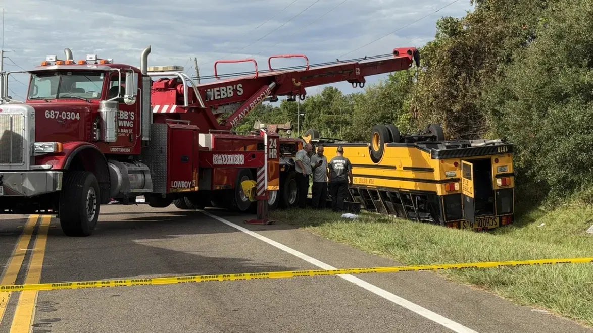 TrumpGirlLove's tweet photo. 🚨Prayers needed, this happened this morning not far from me. 

A school bus headed to Winter Haven High School overturned in a crash on Lucerne Park Road in Winter Haven this morning, around 6:15 a.m. 

Two people were killed.

Sheriff Grady Judd said a westbound white Chevy Malibu crossed the center line and hit the rear wheels of the eastbound bus. The impact ripped off a tire. The bus crossed into the oncoming lane and hit a silver Jeep head-on. The Jeep caught fire. A fourth vehicle was also involved.

On the bus: 37 students, the driver, and the driver’s 9-year-old daughter. A 10th-grade girl on the bus was killed. The driver of the Jeep was also killed. One person was in critical condition, and several others were taken to hospitals as trauma alerts. 

Judd said the first hours were spent getting people to hospitals and reuniting them with parents.
“It was a horrible crash,” he said. “We had a beautiful 10th grade girl lose her life.”

Names had not been released when he spoke. This is still developing. Prayers for the families💔🥲🙏
