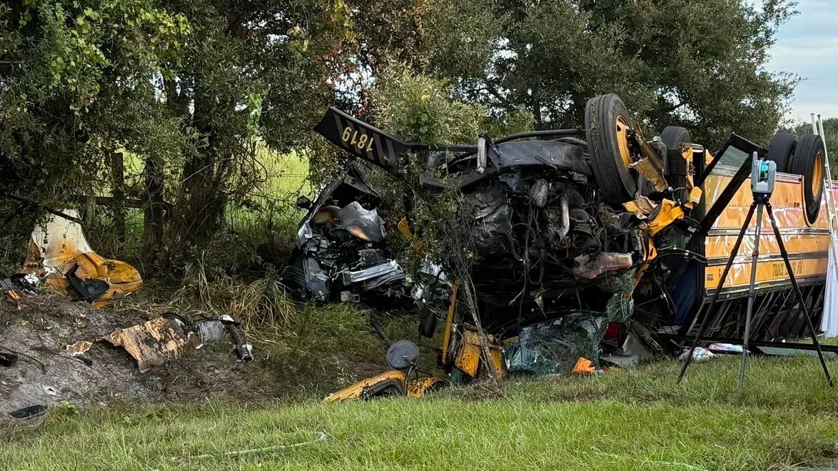 TrumpGirlLove's tweet photo. 🚨Prayers needed, this happened this morning not far from me. 

A school bus headed to Winter Haven High School overturned in a crash on Lucerne Park Road in Winter Haven this morning, around 6:15 a.m. 

Two people were killed.

Sheriff Grady Judd said a westbound white Chevy Malibu crossed the center line and hit the rear wheels of the eastbound bus. The impact ripped off a tire. The bus crossed into the oncoming lane and hit a silver Jeep head-on. The Jeep caught fire. A fourth vehicle was also involved.

On the bus: 37 students, the driver, and the driver’s 9-year-old daughter. A 10th-grade girl on the bus was killed. The driver of the Jeep was also killed. One person was in critical condition, and several others were taken to hospitals as trauma alerts. 

Judd said the first hours were spent getting people to hospitals and reuniting them with parents.
“It was a horrible crash,” he said. “We had a beautiful 10th grade girl lose her life.”

Names had not been released when he spoke. This is still developing. Prayers for the families💔🥲🙏