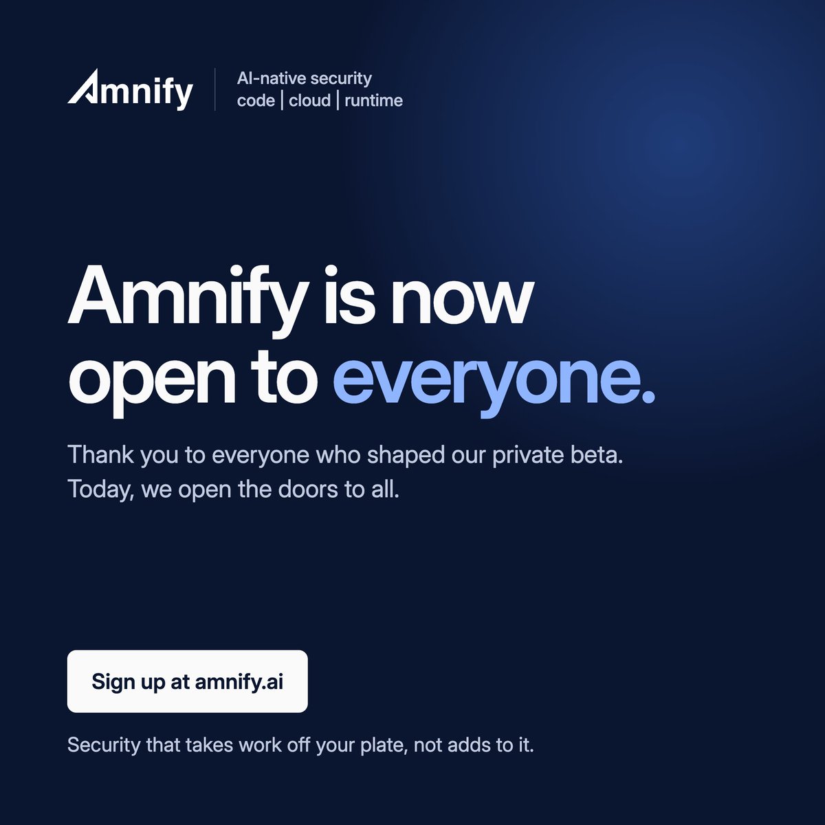 AmnifyAI's tweet photo. Sign up at https://t.co/jq2rlUXj7H and secure your code, cloud and runtime with an AI-native solution! https://t.co/1B6K8v0cOh