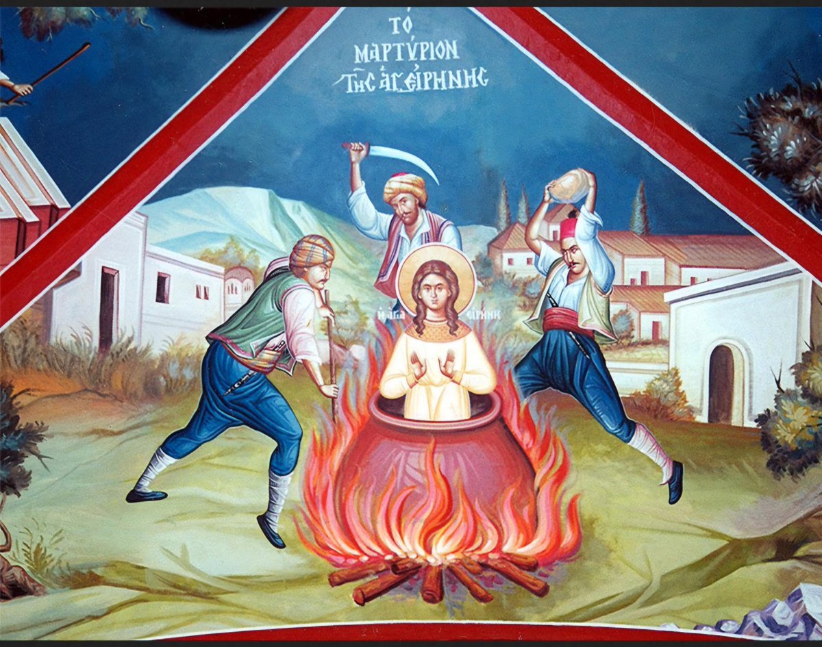 Orthodoxe's tweet photo. The 12-year-old martyr Irene was roasted in a barrel by the Sunni Turks at Easter in 1463, 10 years after the fall of Konstantinople. Rafael was horribly tortured and then hanged from a tree. All of this happened because they refused to apostatize their faith. They remained Greek Christians Orthodox until the end