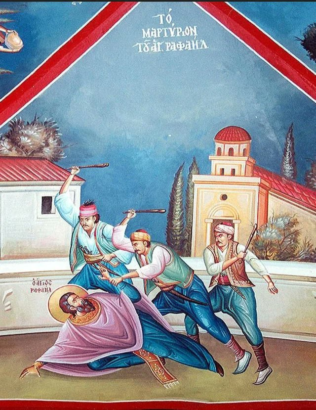 Orthodoxe's tweet photo. The 12-year-old martyr Irene was roasted in a barrel by the Sunni Turks at Easter in 1463, 10 years after the fall of Konstantinople. Rafael was horribly tortured and then hanged from a tree. All of this happened because they refused to apostatize their faith. They remained Greek Christians Orthodox until the end
