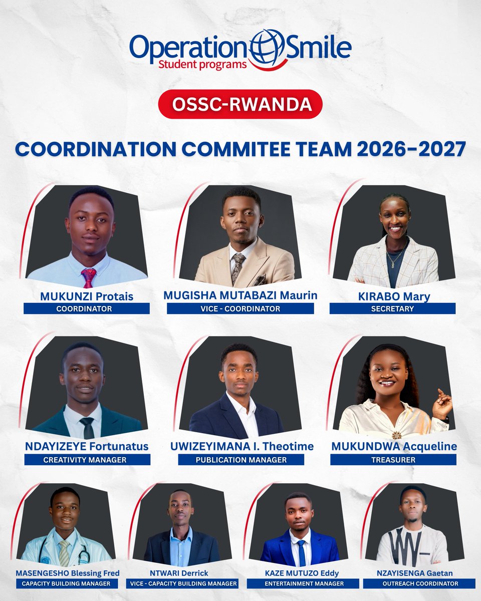 OSStudentRwanda's tweet photo. Meet the new faces leading Operation Smile Student Programs Rwanda (OSSC-RWANDA) for 2026–2027! 💙😊  
​Our new Coordination Committee is ready to inspire, lead, and make a difference over the coming year. 
​#OperationSmile #OSSC_Rwanda #StudentLeadership #Rwanda https://t.co/Yk7rITclbX