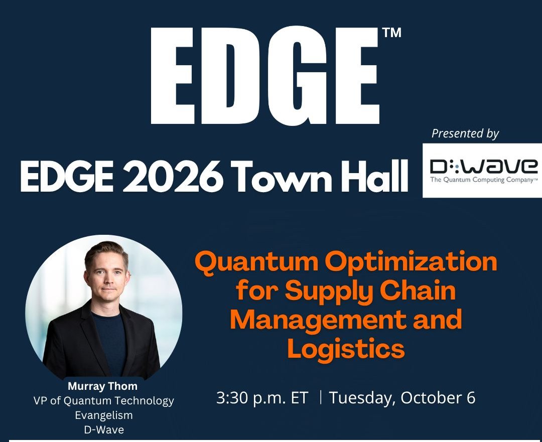 dwavequantum's tweet photo. As supply chain networks grow more complex and customer expectations keep rising, teams are facing challenges that push traditional optimization methods to their limits.

Tomorrow, October 6, at 3:30 p.m. ET, join Murray Thom, VP of Quantum Technology Evangelism at D-Wave, at CSCMP EDGE for the Town Hall session "Quantum Optimization for Supply Chain Management and Logistics."

Murray will lead a masterclass and live demo on how to realize value from quantum computing today. He will share insights from commercial projects with AT&T, BASF, and Pfizer, showing how energy-efficient quantum computers are delivering measurable business results.

Come see what quantum-powered optimization could mean for your operations.

#EDGE2026 #CSCMP #QuantumComputing #QuantumOptimization