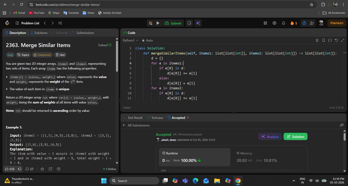 _deep_star's tweet photo. Hello All, I completed #Day1007 of #365DaysofCode Challenge with @scaler_official
Question: Merge Similar Items
discord link: https://t.co/8JQpNSUK1v
#letsconnect #potd #scalerdiscordcommunity #codewithscaler #365daysofcodescaler #365DaysofCode https://t.co/4CefAfqVlc