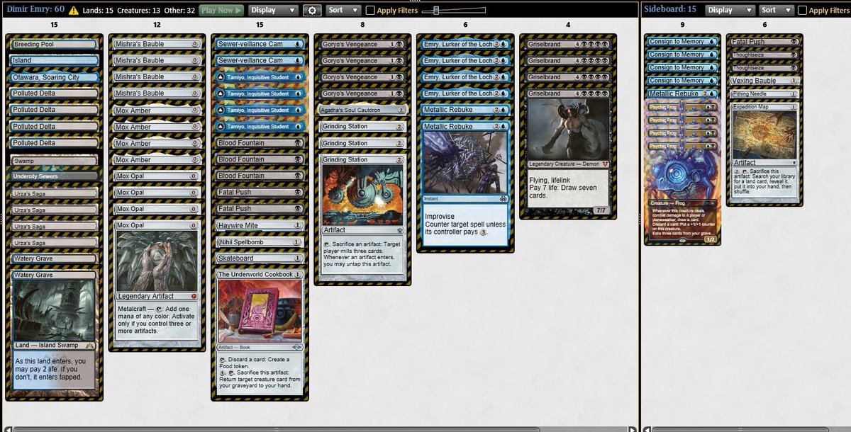 PascalMaynard's tweet photo. 🧑‍🍳 Inside PMayne's RC brews thread:

We start with this Emry/Goryo/Griselbrand shell. 

I tested a lot of Emry combo shells because I think the Cam/Station/Mox/Emry combo is a lot better than it looks. Sure its 4 cards, but all of them helps each other and are relevant cards even when you dont have all 4. 

I wanted to utilize that more by making Grinding Station an actual good draw, thats when I added Goryo's Vengeance. The initial goal was to give Emry redundancy, bringing it back haste for combo. Then I kept adding more and more Griselbrands.

Realized it should be plan A so I went with 4 Grisel 4 Goryo. Its actually one of the best Grisel deck because of your 8 moxes. You can very likely combo the turn you grisel (bunch of mox, goryo emry, or skateboard, win), or just hold rebukes, win next turn. 

Then Solitary Cell was spoiled and it seemed like the perfect glue for the deck. 

Downsides are having to play a rainbow mana.

Final consensus?

- Cell is a bit awkward in the format, sorcery removal sucks, and Wrath of the Skies killing then getting back the permanent is rough. 

- I was fixated on Saga/Moxes/Skateboard decks because it stole so many games, but I ended up realizing it only really happens vs Prowess, most other decks can stop it without blinking. 

- There are definetly awkward draws where you do nothing for a bit, but thats the downside of having such powerful synergies. Ultimately I strongly believed I should not play a deck that does not function that often.