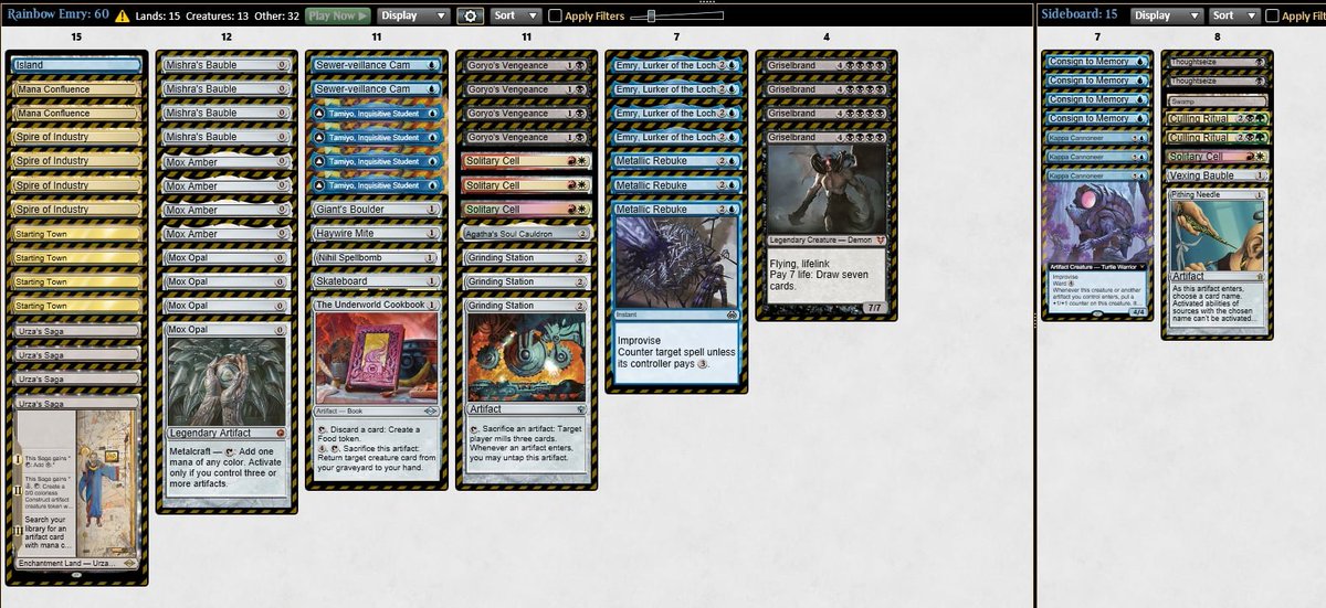 PascalMaynard's tweet photo. 🧑‍🍳 Inside PMayne's RC brews thread:

We start with this Emry/Goryo/Griselbrand shell. 

I tested a lot of Emry combo shells because I think the Cam/Station/Mox/Emry combo is a lot better than it looks. Sure its 4 cards, but all of them helps each other and are relevant cards even when you dont have all 4. 

I wanted to utilize that more by making Grinding Station an actual good draw, thats when I added Goryo's Vengeance. The initial goal was to give Emry redundancy, bringing it back haste for combo. Then I kept adding more and more Griselbrands.

Realized it should be plan A so I went with 4 Grisel 4 Goryo. Its actually one of the best Grisel deck because of your 8 moxes. You can very likely combo the turn you grisel (bunch of mox, goryo emry, or skateboard, win), or just hold rebukes, win next turn. 

Then Solitary Cell was spoiled and it seemed like the perfect glue for the deck. 

Downsides are having to play a rainbow mana.

Final consensus?

- Cell is a bit awkward in the format, sorcery removal sucks, and Wrath of the Skies killing then getting back the permanent is rough. 

- I was fixated on Saga/Moxes/Skateboard decks because it stole so many games, but I ended up realizing it only really happens vs Prowess, most other decks can stop it without blinking. 

- There are definetly awkward draws where you do nothing for a bit, but thats the downside of having such powerful synergies. Ultimately I strongly believed I should not play a deck that does not function that often.