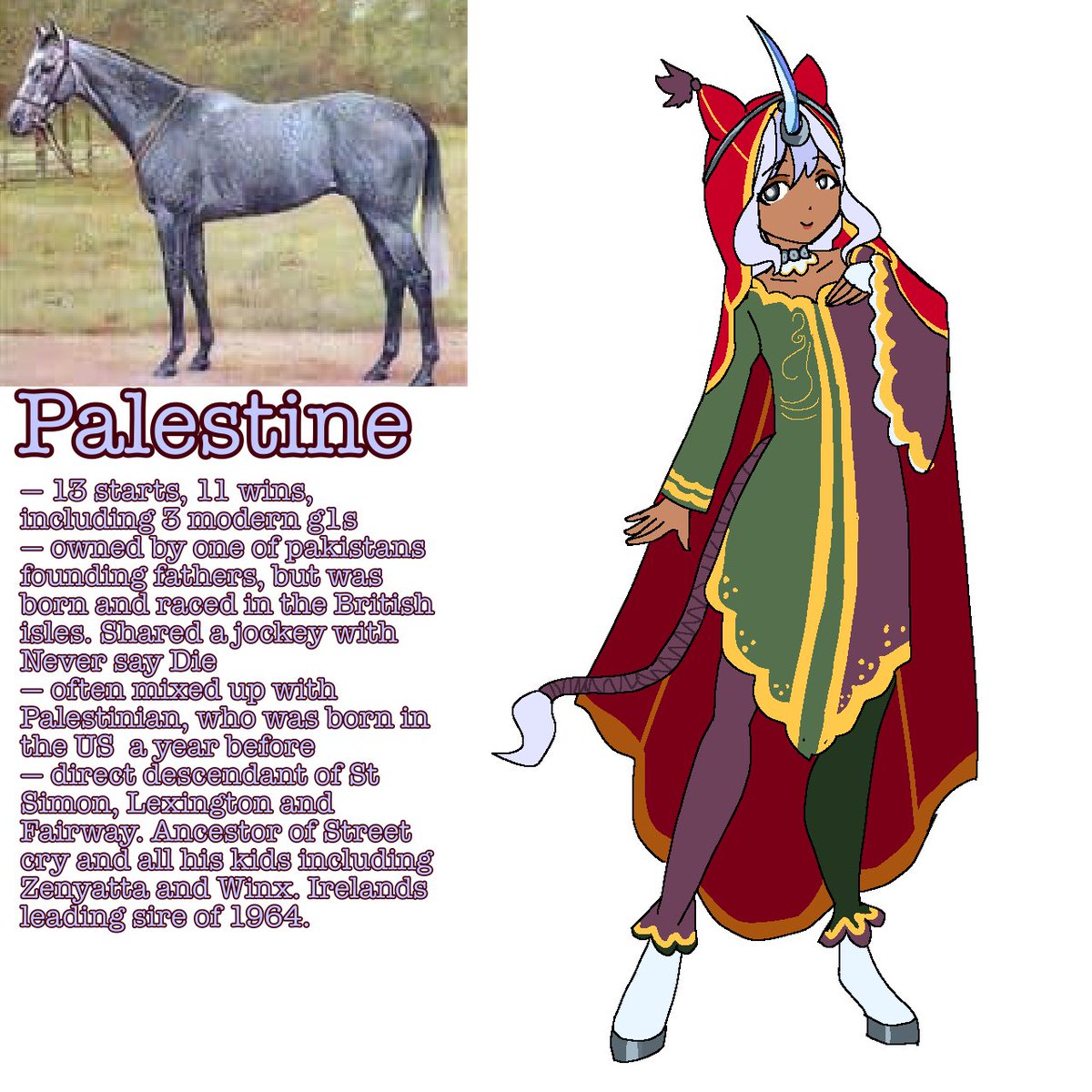 ClownedPieced's tweet photo. "have you done the racehorse palestine yet ? if not he's a little interesting he was owned by one of the founding fathers of pakistan" -> she’s supposed to be like a unicorn princess  
#umamusume https://t.co/7NAQZernDS