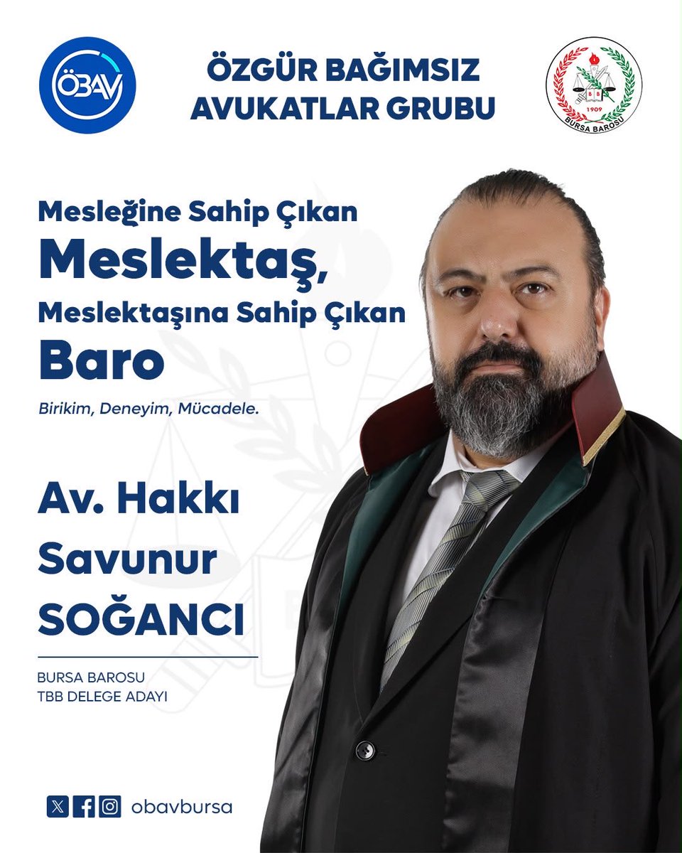 obavbursa's tweet photo. Değerli meslektaşlarımız 
Hukukun üstünlüğünü, avukatlık mesleğini, ülkeyi, yurttaşı, insan haklarını, laikliği,  özgürlüğü, demokrasiyi, doğayı, çevreyi, emeği, kadını, çocuğu, hayvanları ve  tüm yaşamı dert edinen; haksızlıklara karşı mücadele eden, korkmayan, boyun eğmeyen avukat ve Baro anlayışına sahip tüm adaylarımızla 17/18 Ekim' de yapılacak genel kurulumuzda Bursa Barosu yönetimine talibiz.

Saygılarımızla.

#özgürvebağımsızavukatlargrubu
#rengimizmavilistemizmavi
@aslievke @gurkanaltun16 @MetinOztosun @hsszardoz