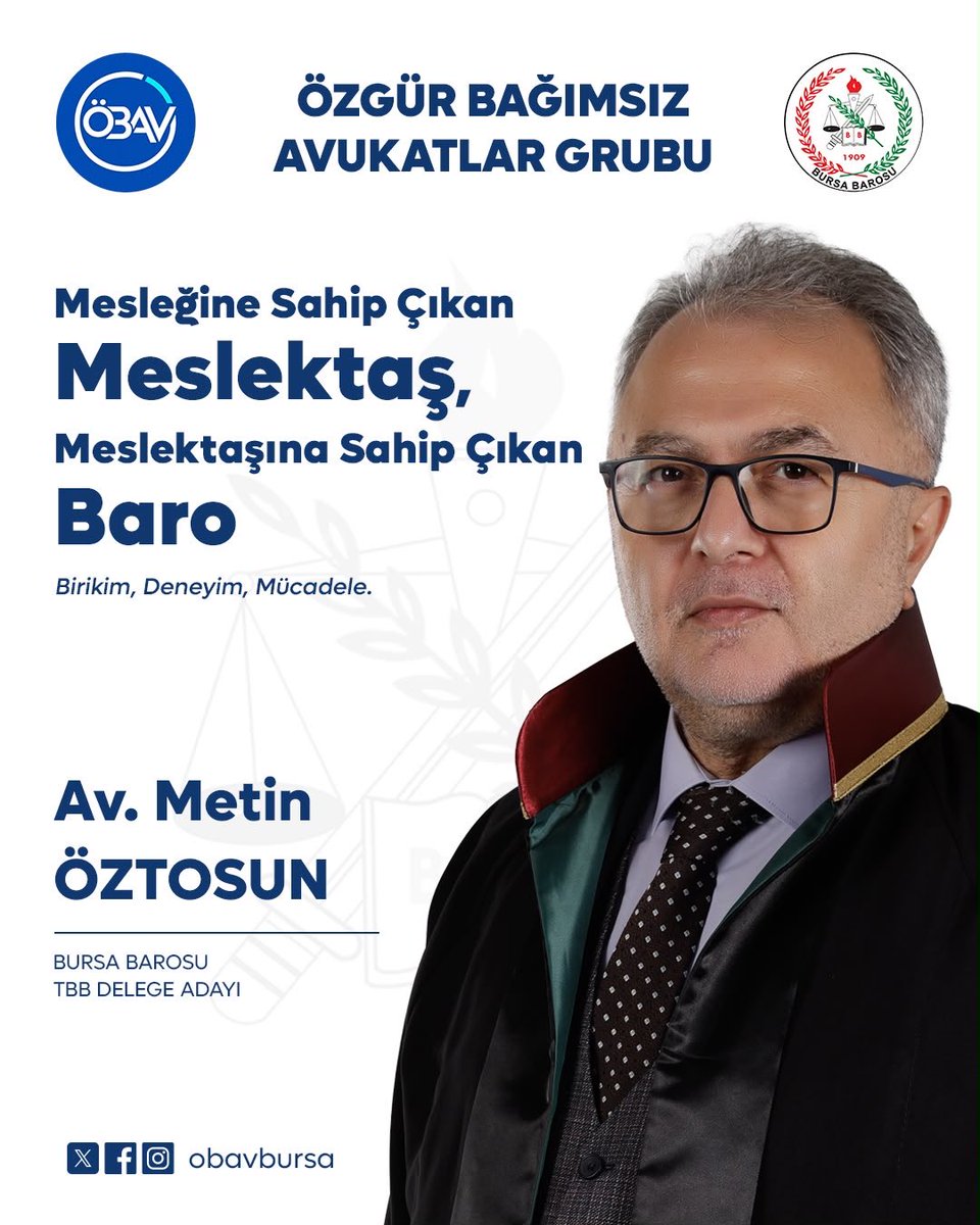 obavbursa's tweet photo. Değerli meslektaşlarımız 
Hukukun üstünlüğünü, avukatlık mesleğini, ülkeyi, yurttaşı, insan haklarını, laikliği,  özgürlüğü, demokrasiyi, doğayı, çevreyi, emeği, kadını, çocuğu, hayvanları ve  tüm yaşamı dert edinen; haksızlıklara karşı mücadele eden, korkmayan, boyun eğmeyen avukat ve Baro anlayışına sahip tüm adaylarımızla 17/18 Ekim' de yapılacak genel kurulumuzda Bursa Barosu yönetimine talibiz.

Saygılarımızla.

#özgürvebağımsızavukatlargrubu
#rengimizmavilistemizmavi
@aslievke @gurkanaltun16 @MetinOztosun @hsszardoz