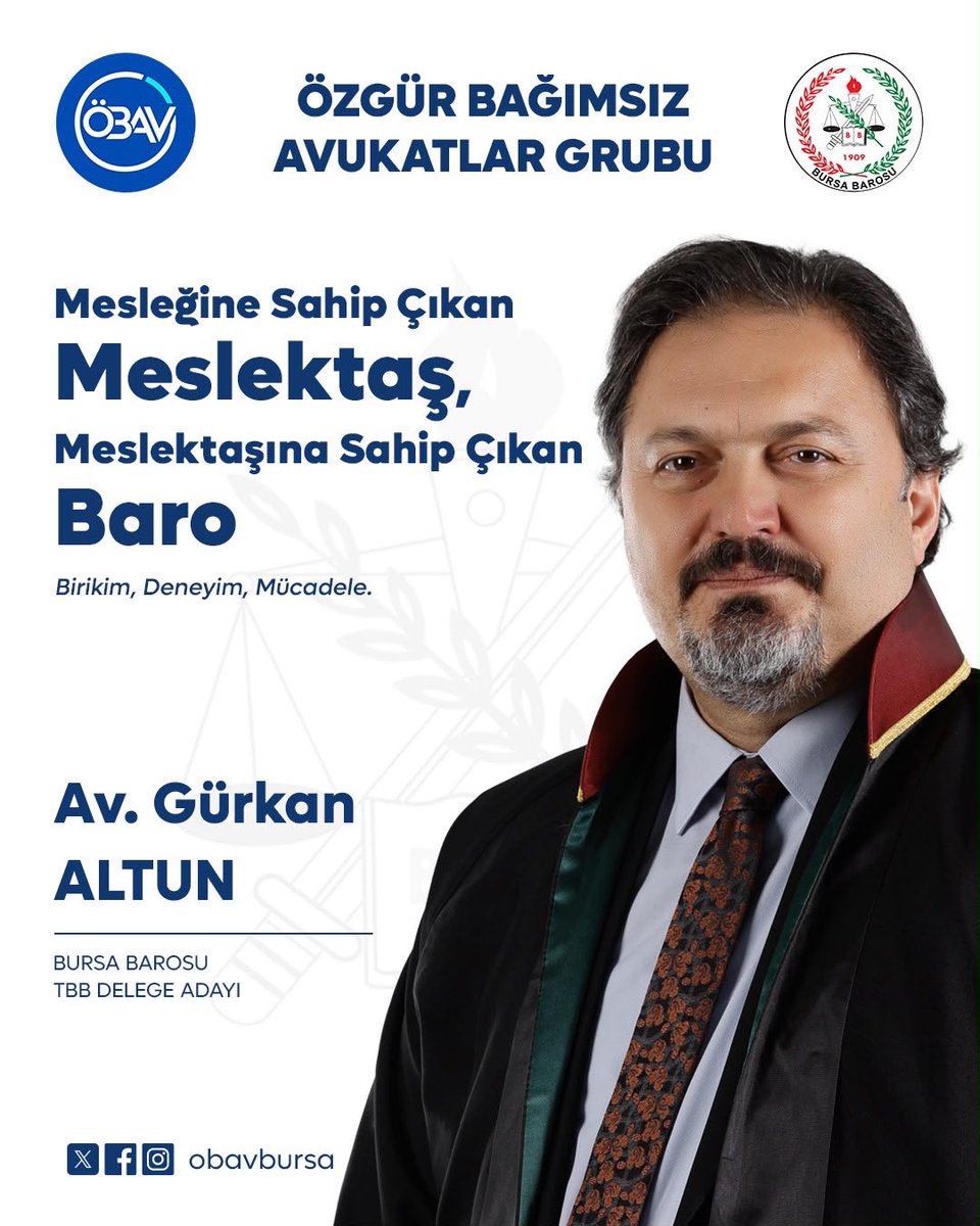 obavbursa's tweet photo. Değerli meslektaşlarımız 
Hukukun üstünlüğünü, avukatlık mesleğini, ülkeyi, yurttaşı, insan haklarını, laikliği,  özgürlüğü, demokrasiyi, doğayı, çevreyi, emeği, kadını, çocuğu, hayvanları ve  tüm yaşamı dert edinen; haksızlıklara karşı mücadele eden, korkmayan, boyun eğmeyen avukat ve Baro anlayışına sahip tüm adaylarımızla 17/18 Ekim' de yapılacak genel kurulumuzda Bursa Barosu yönetimine talibiz.

Saygılarımızla.

#özgürvebağımsızavukatlargrubu
#rengimizmavilistemizmavi
@aslievke @gurkanaltun16 @MetinOztosun @hsszardoz