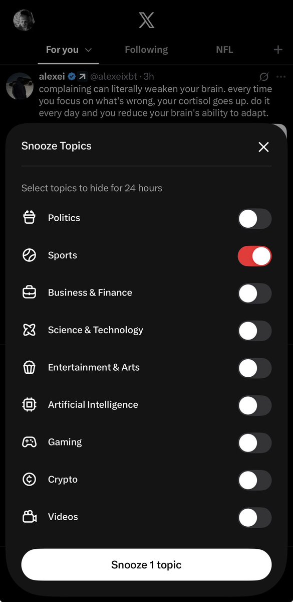 DavidValen93571's tweet photo. @jared_johnston Touch the “for you” button and turn off sports. It resets everytime you open x. But it does filter it out each time if you ask it to. https://t.co/i46Yx6wqLe