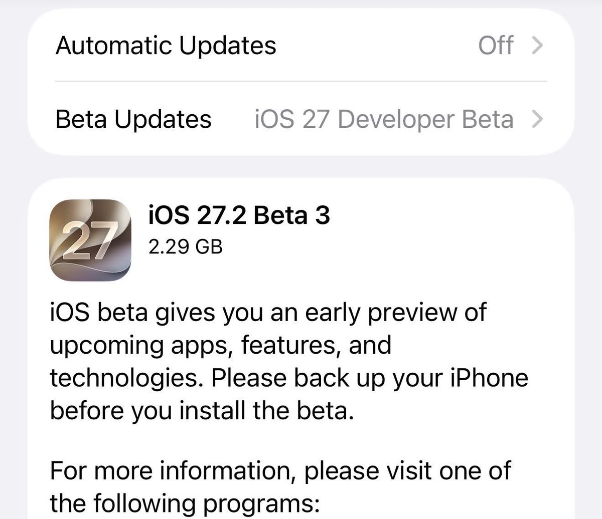 AppleBloggerUX's tweet photo. You can use iOS 27.2 Beta 3 now https://t.co/rH94jTppeL
