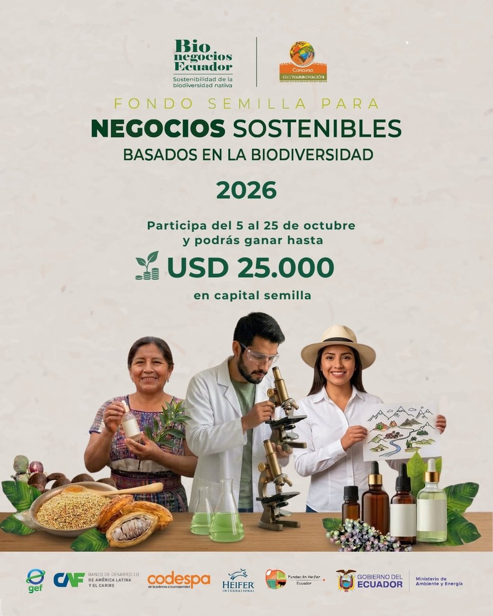 HeiferEcuador's tweet photo. El Proyecto Bionegocios Ecuador liderado por @EcuadorMAE a través de Fundación Heifer Ecuador y @AgendaCAF, convocan al FONDO SEMILLA CULTIVA INNOVACIÓN 2026, con el apoyo de @CODESPA.

📅 Postula del 5 al 25 de octubre.
👉🏼 Consulta las bases: https://t.co/PaLQJuxfFG https://t.co/RXWdwq2Qwc