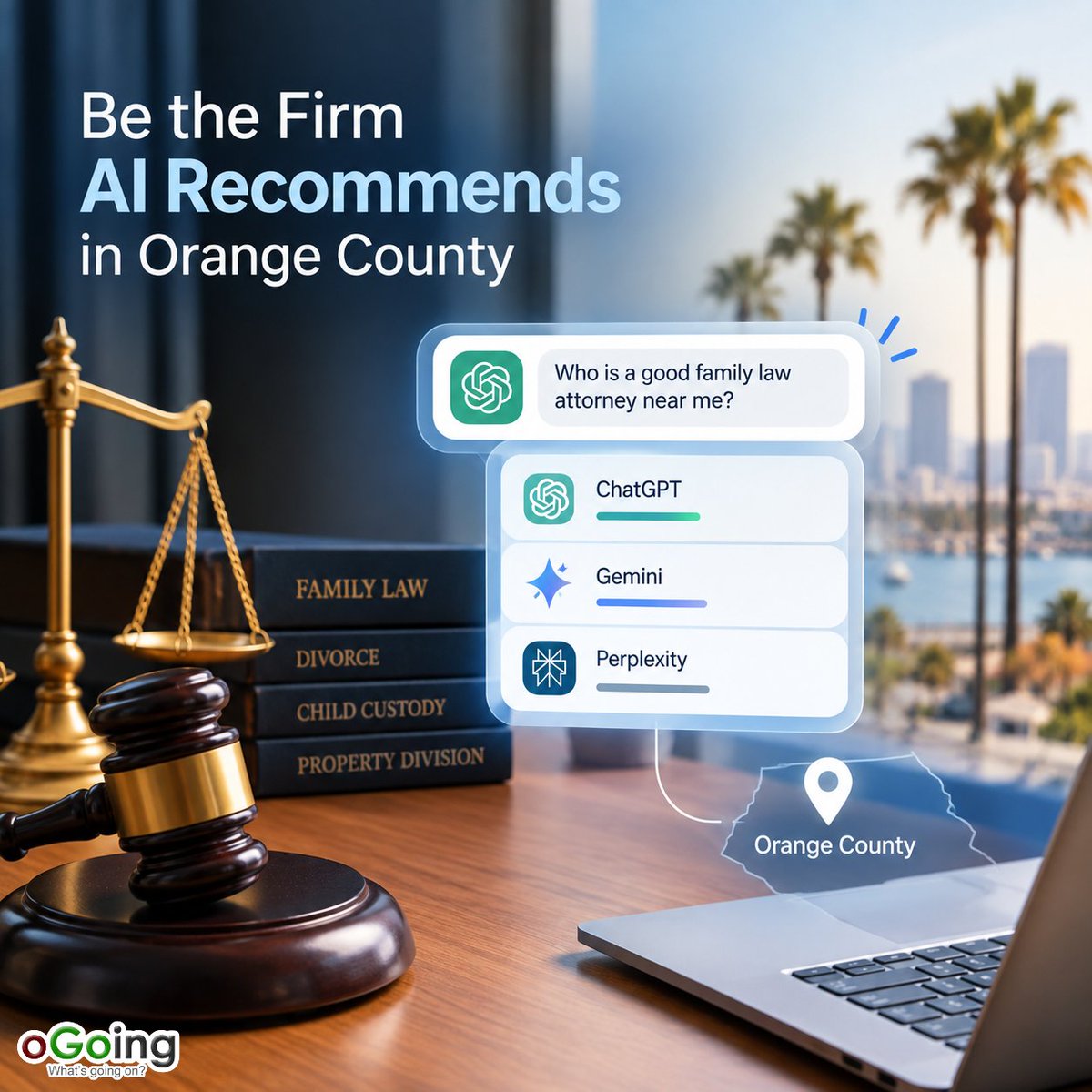 oGoing's tweet photo. When Someone in Orange County Needs a Family Law Attorney, Will AI Mention Your Firm?

A potential client going through a divorce, custody issue, or property dispute may not start by searching Google. They may quietly ask ChatGPT, Gemini, or Perplexity:

“Who is a good family law attorney near me?”

The question is simple. But whether your firm gets mentioned depends on how clearly AI understands your practice, your specialties, your service area, and the information available about your firm.

For Orange County family law attorneys, being visible isn't just about ranking for “family law attorney.” AI needs to understand what you actually handle — from divorce and child custody to spousal support, property division, prenups, and domestic violence protection.

oGoing Pro helps you see how AI currently understands your firm, identify the gaps, and track your visibility across ChatGPT, Gemini, and Perplexity month after month.

Don't wait until your competitors become the firms AI recommends. Build your visibility while this channel is still evolving.

👉 Make your Orange County law firm easier for AI to find and recommend: https://t.co/fRJkVEYT8j

#FamilyLawAttorney #FamilyLaw #OrangeCountyLawyer #DivorceAttorney #ChildCustody #LawFirmMarketing #OrangeCountyBusiness #AIVisibility #AISEO #ChatGPT #LocalSEO #LegalMarketing #LawFirmGrowth