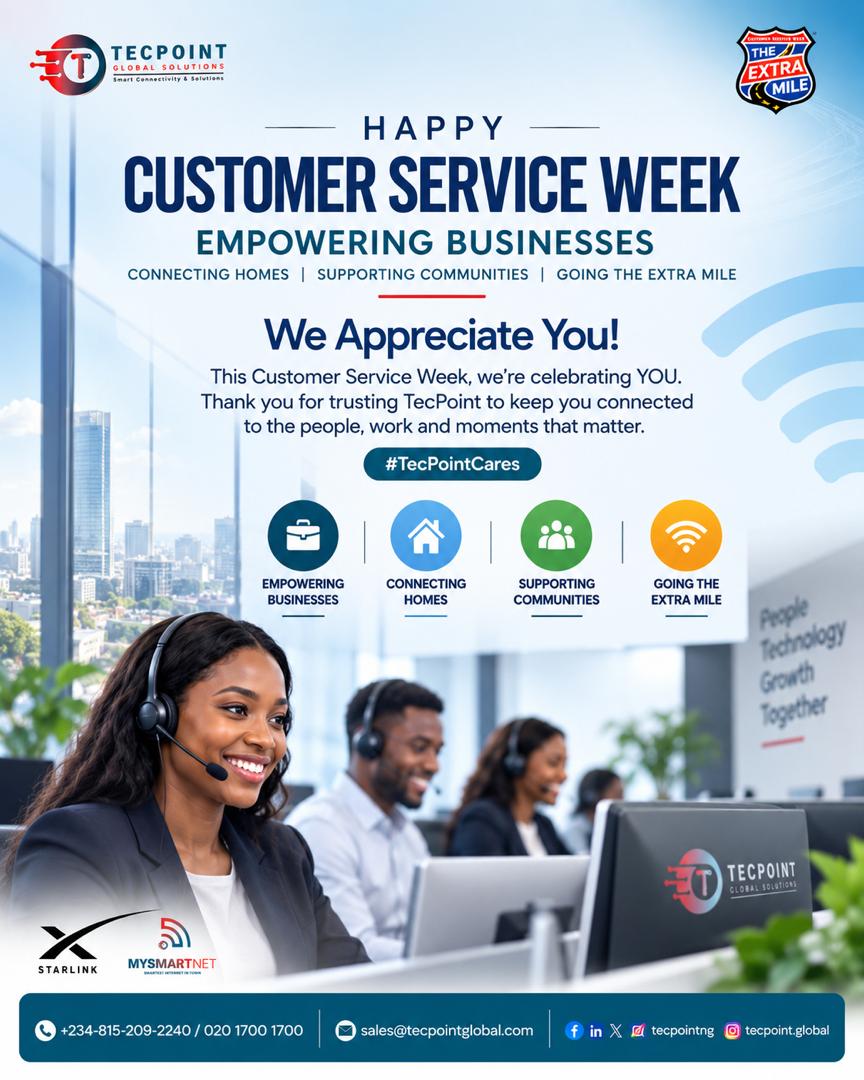 tecpoint_ng's tweet photo. This Customer Service Week, we celebrate the people at the heart of everything we do — you, our customers. Thank you for trusting TecPoint to keep you connected, supported and moving forward.
#CustomerServiceWeek #CustomerServiceWeek2026 #TecPointCares #TecPointGlobal https://t.co/Giop8hGbja