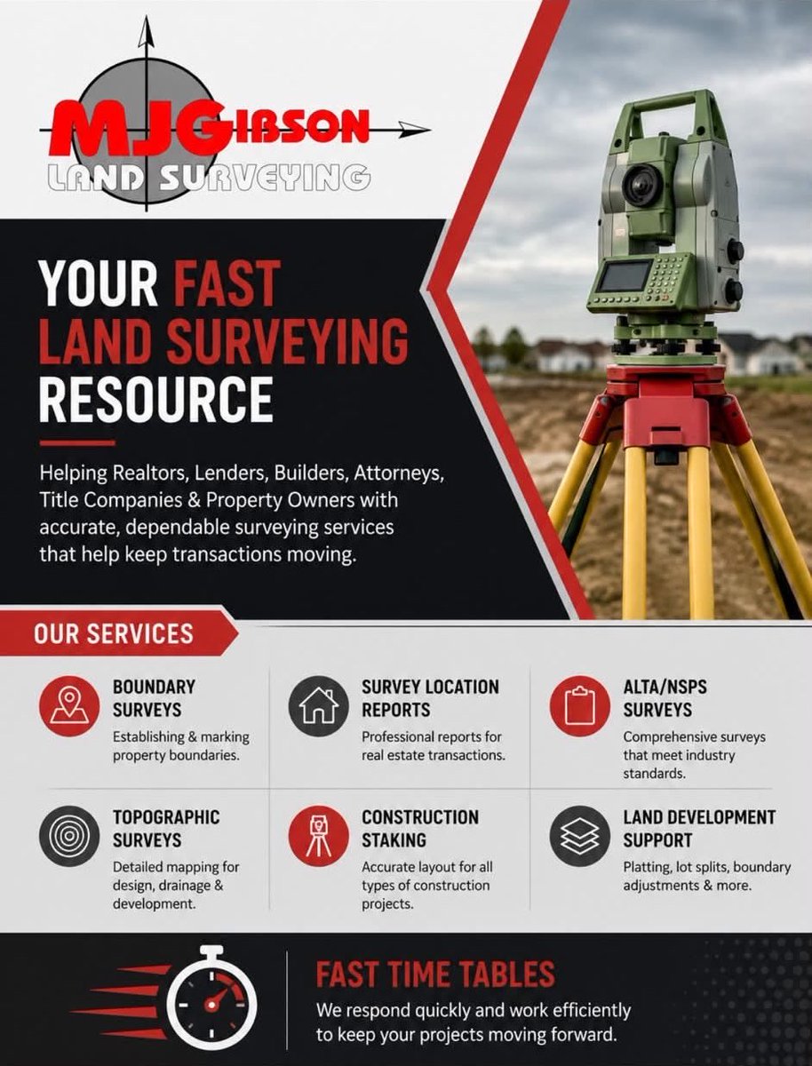 MJGSurveying's tweet photo. Need a survey? We’re here to help.

Whether you need a boundary survey, ALTA survey, topographic survey, construction staking, site plan, or another surveying service, our goal is simple: provide accurate work, communicate clearly, and make the process easy from start to finish. https://t.co/jlFyASQ4Mh