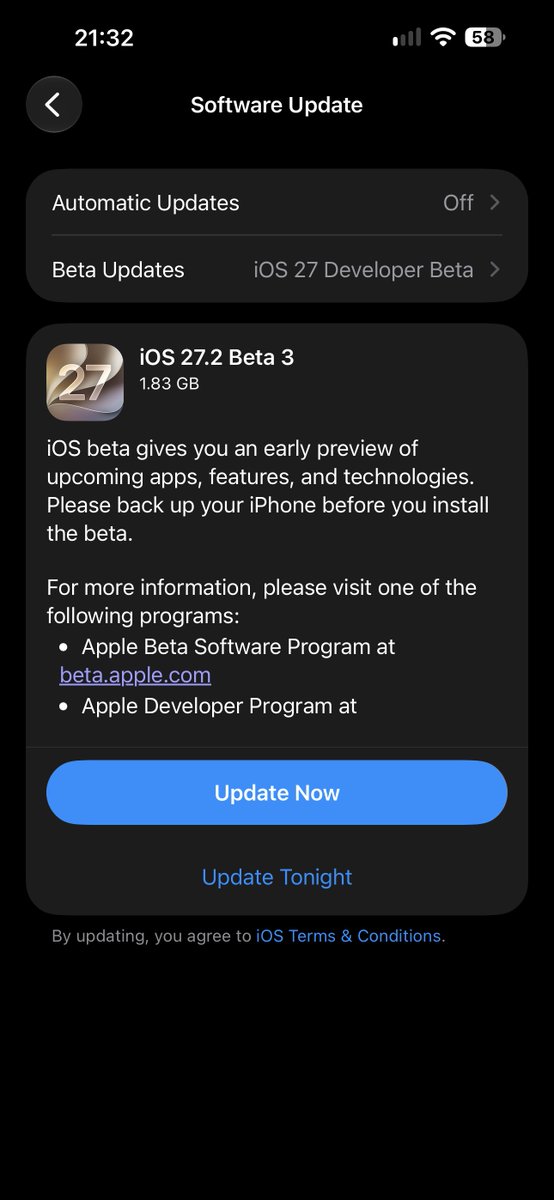 iSWUpdates's tweet photo. iOS 27.2 Developer Beta 3 (24B5099f) has been released. #iOS272 #iOS272Beta3 https://t.co/QgVoB4kbRT