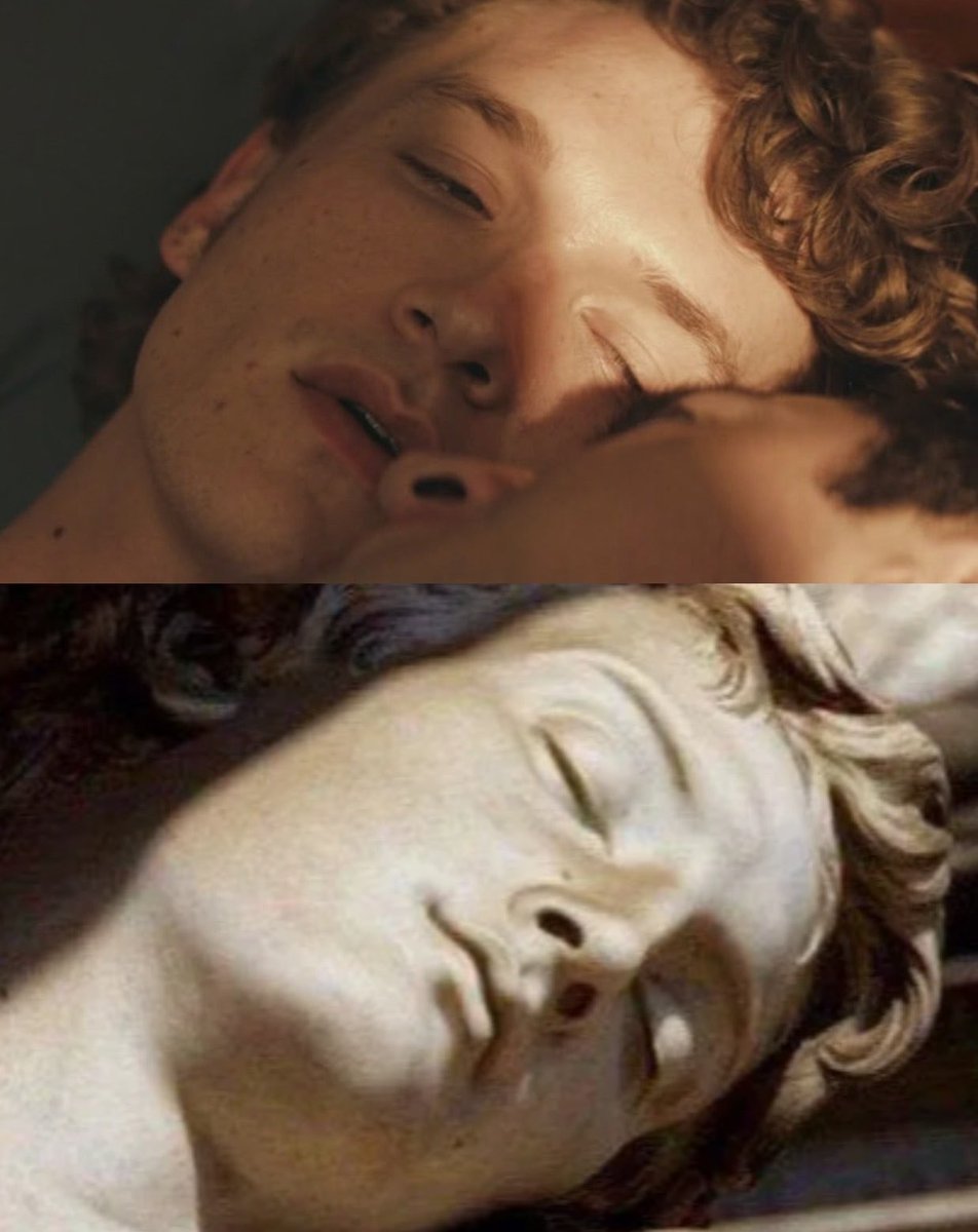 storriemuse's tweet photo. Top: Connor Storrie as Ilya Rozanov for Heated Rivalry, 2025. Bottom: Tombstone of Cesare Mancini (detail) by Francesco Fabi Altini, 1875. https://t.co/rNzTLIQ3A6