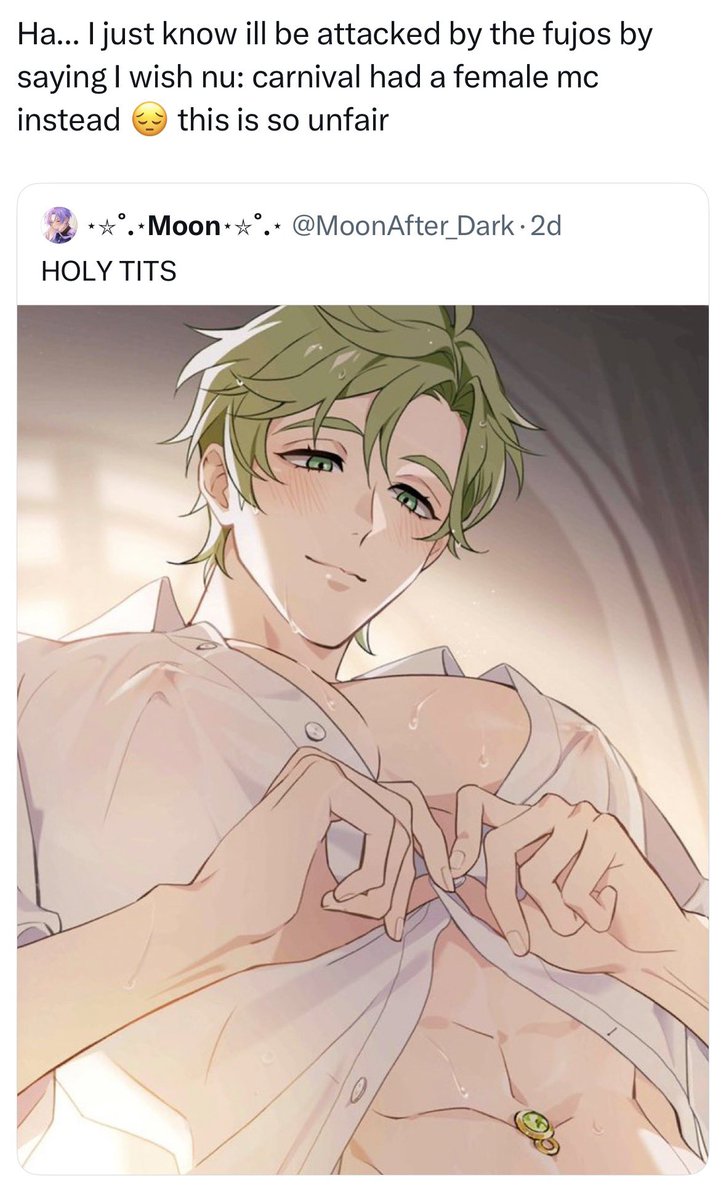 amyunchained's tweet photo. Not giving this ragebaiter more clicks lmao. But this person needs to stay far, far away from BL games. Go play the many, many games with female MCs and leave the NU guys alone. Forever.

(People who want FMC because they want Yuri Carnival: y'all can stay, you're cool) https://t.co/W0SIxzSoWg