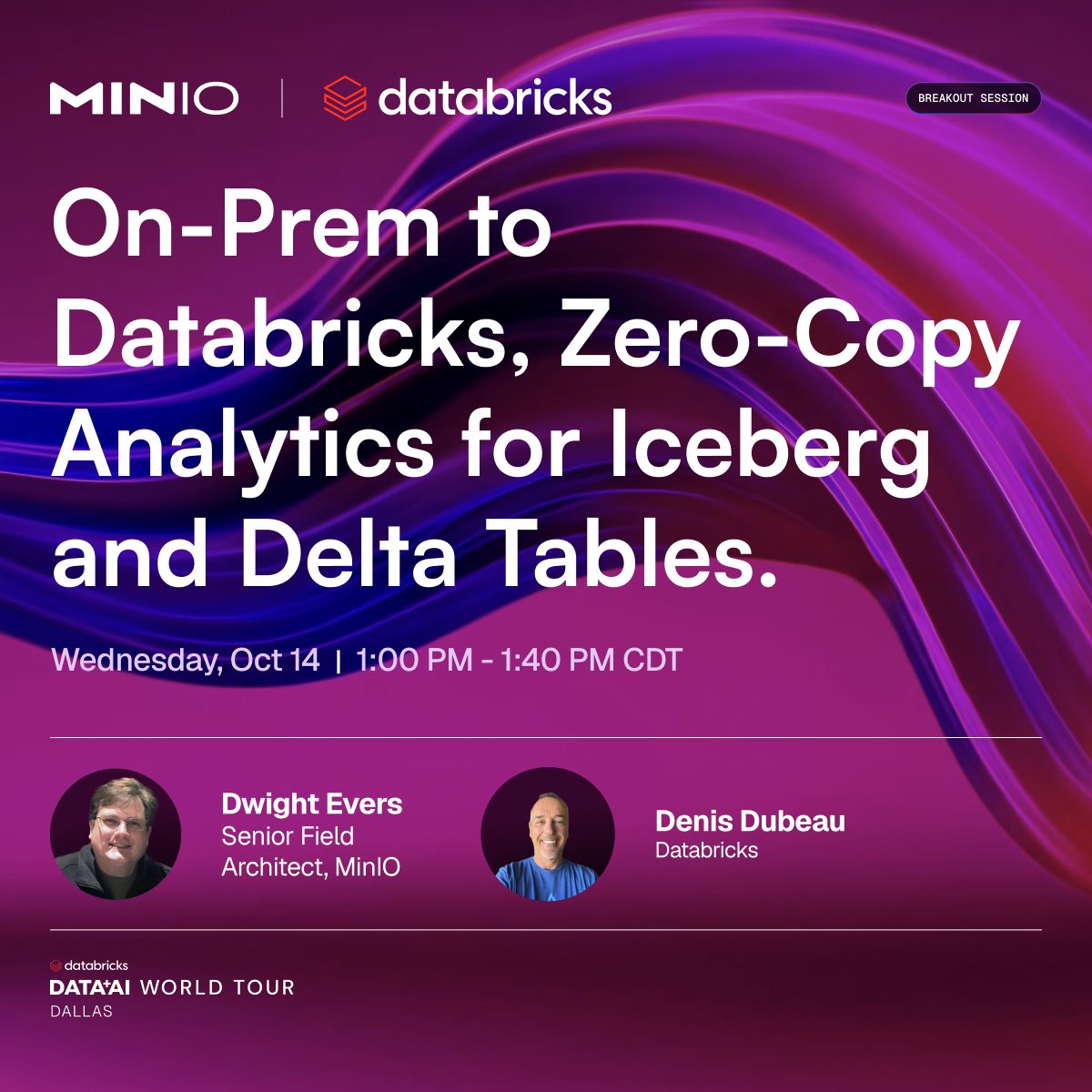 Minio's tweet photo. Faster queries. Single-copy cost savings. Stronger access controls. Data under your control. 

Get the blueprint at @databricks #DataAIWorldTour Dallas with product experts Dwight Evers and Denis Debeau. https://t.co/QG5ijzWAmW

📅 Oct. 14 | 1:00–1:40 PM CDT

Not in Dallas? Stay tuned for insights from the session.