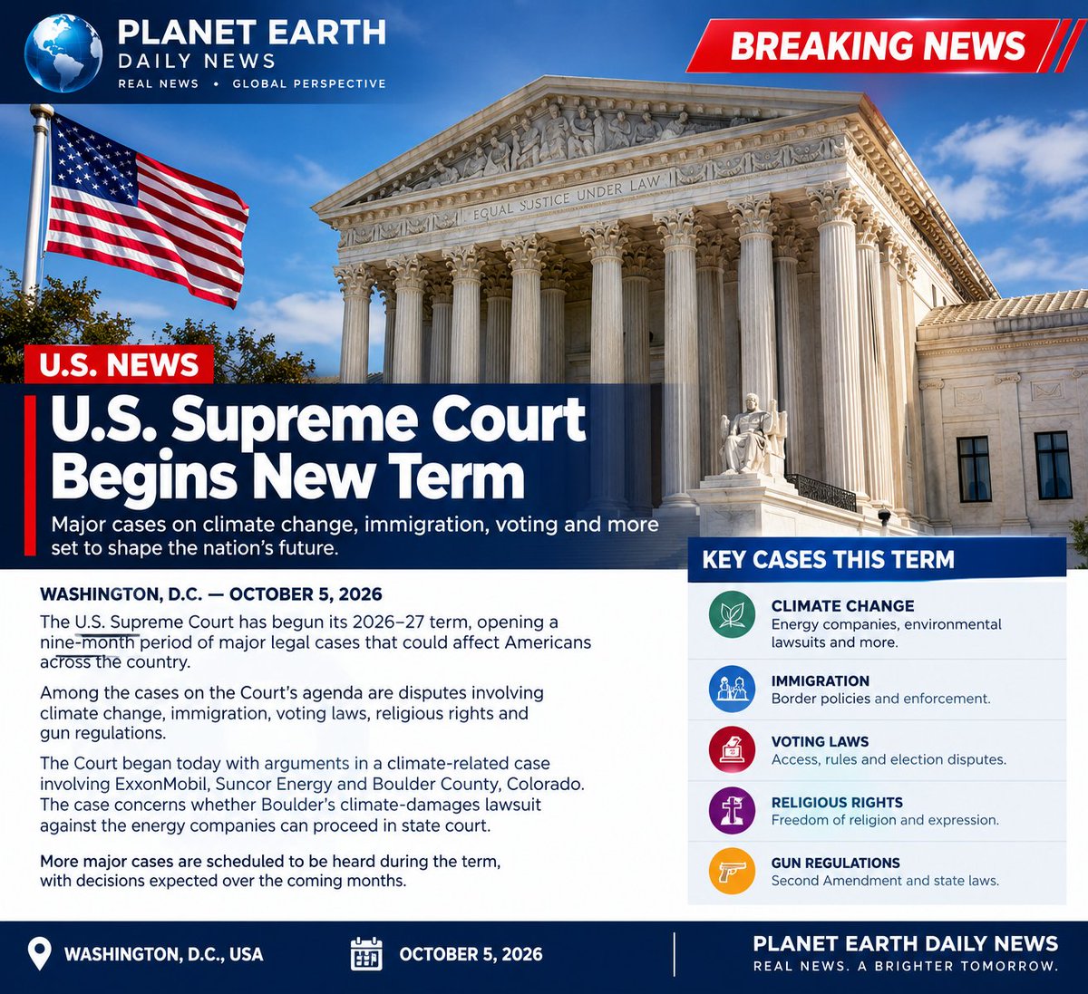 PLANETEARTH356's tweet photo. 🇺🇸 BREAKING NEWS

The U.S. Supreme Court begins its new term today, with major cases involving climate change, immigration, voting and more.

#USNews #SupremeCourt https://t.co/nK98WKApPF
