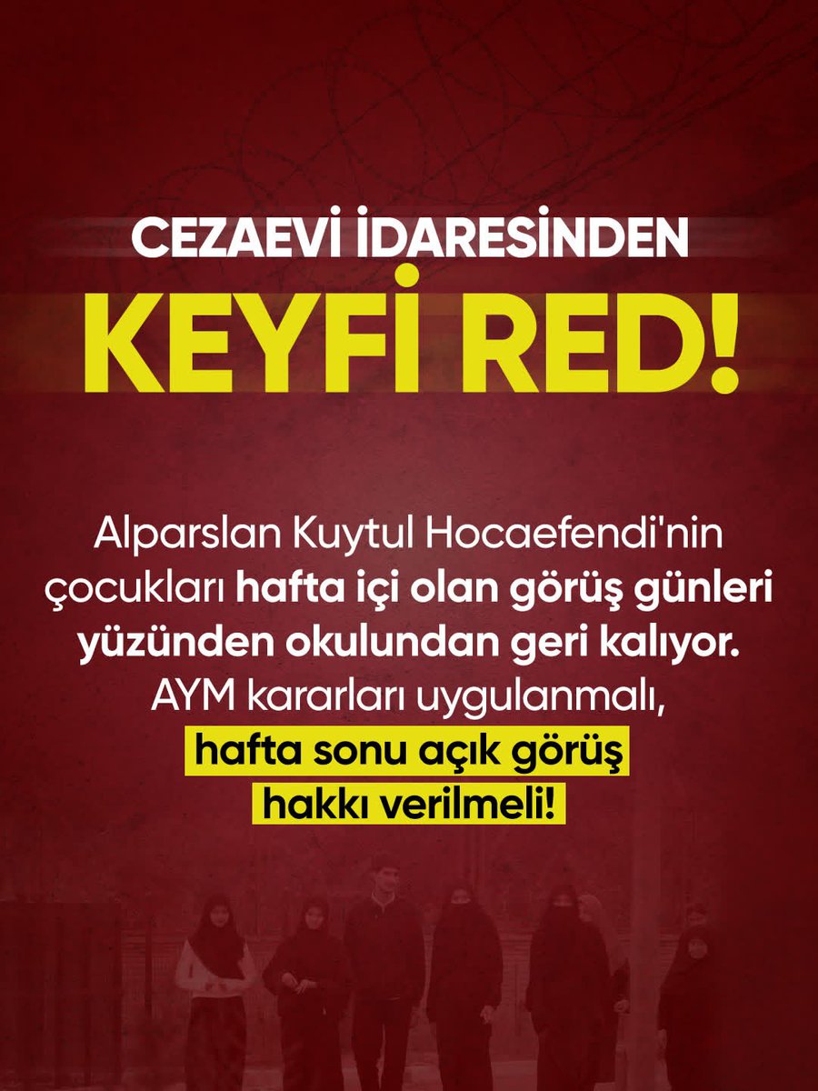 FatmaCplfv's tweet photo. Cezaevi İdaresinden Keyfi Red!

Alparslan Kuytul Hocaefendi'nin çocukları hafta içi olan görüş günleri yüzünden okulundan geri kalıyor. AYM kararları uygulanmalı, hafta sonu açık görüş hakkı verilmeli!

#FurkanaSistematikZulüm
Cocuklar OkulundanOlmasın
AlparslanHoca AilesineZulüm https://t.co/3RDnwwi6AC