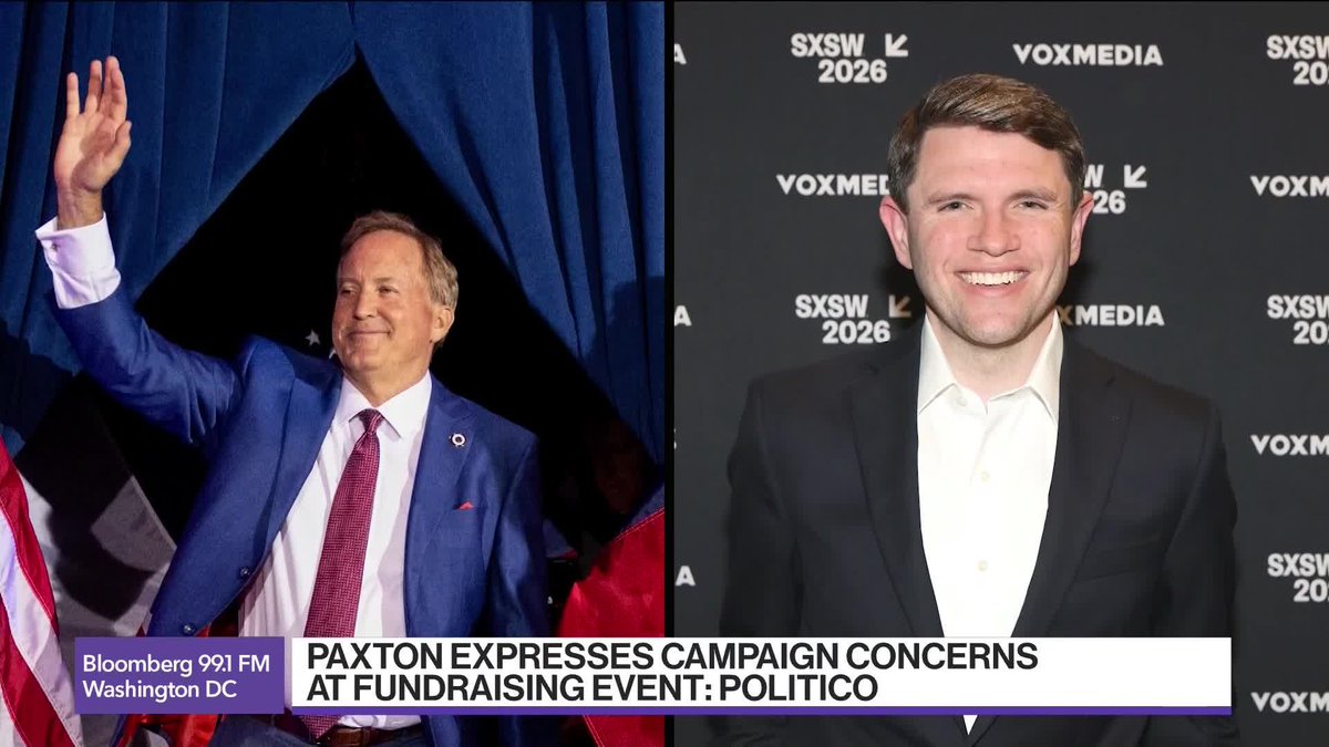 A split-screen image shows Texas AG Ken Paxton waving from behind a curtain on the left, paired with a photo of former Acting Chief of Staff Mick Mulvaney at a SXSW 2026 Vox Media event on the right, with a chyron reading "PAXTON EXPRESSES CAMPAIGN CONCERNS AT FUNDRAISING EVENT: POLITICO" alongside the Bloomberg 99.1 FM Washington DC logo.