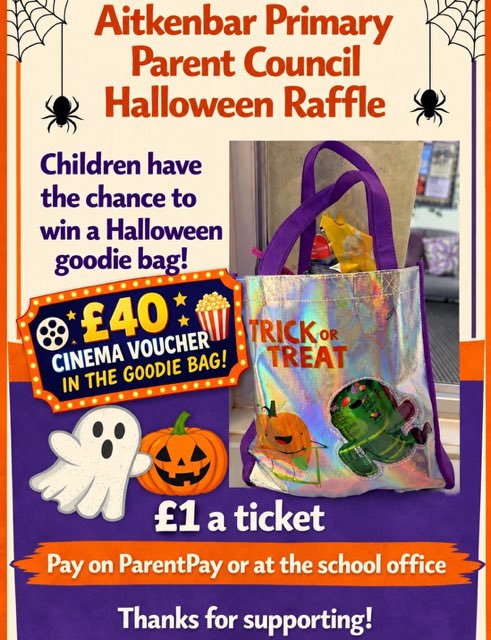 AitkenbarPS's tweet photo. Our wonderful Parent Council have organised a spooktacular Halloween raffle to win a Goodie Bag & a ยฃ40 Cinema Voucher ๐ ๐ป Tickets are ยฃ1 and can be bought at the school office or via parent pay ๐ #getinvolved https://t.co/lXpZ1yFkUW