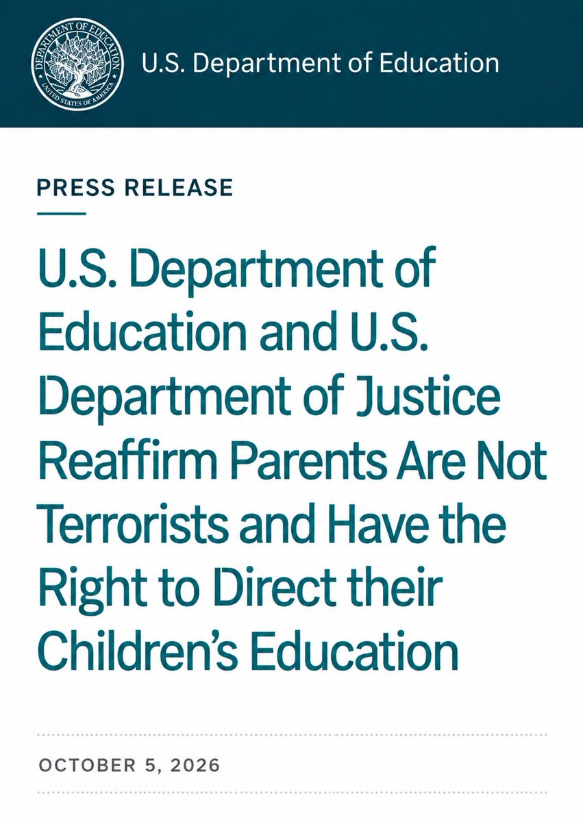 1776ProjectPac's tweet photo. 🚨 Parents are NOT terrorists!

The U.S. Departments of Education and Justice are reaffirming what should never have been controversial: parents have the right to direct their children’s education.

A major win for parental rights and accountability in our schools! https://t.co/xH0CQRiU2T