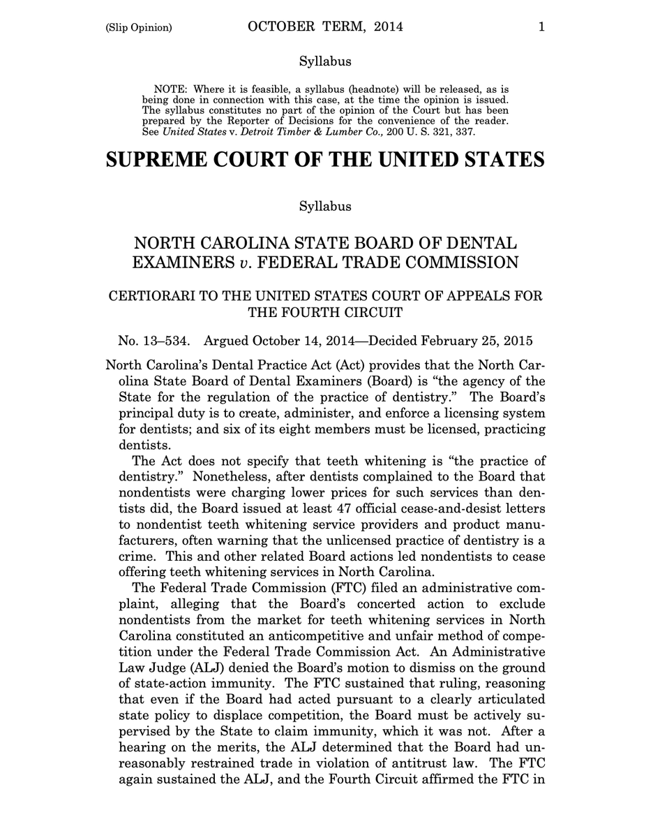 jwmares's tweet photo. If you want to understand why healthcare is so expensive, I'd start with a Supreme Court case about teeth whitening.

Around 2003, spas and small kiosks in North Carolina were offering teeth whitening for a fraction of what dentists charge.

So dentists complained to the state dental board. That dental board looks like this:

- 6 of 8 are practicing dentists, elected by other dentists
- 8 of the 10 who sat on the board during this period earned substantial fees from whitening

The board sent 47+ cease-and-desist letters, warning non-dentists that they're committing a crime by practicing dentistry without a license. The board also sent letters to mall operators, advising them to expel whitening kiosks.

All this worked! These kiosks shut down, prices stayed high, dentists stayed happy.

Regulatory capture like this exists all over in healthcare. What makes this case notable is that someone actually sued the NC dental board, in a case that went all the way to the supreme court.

In a 6-3 ruling, the SC ruled that if a board is run by those who participate in the market without proper supervision - that looks like a cartel, therefore, antitrust law applies.

I have to believe there are so many other potential cases like this in healthcare, just waiting to be pressed on. I'd love to see more of this.