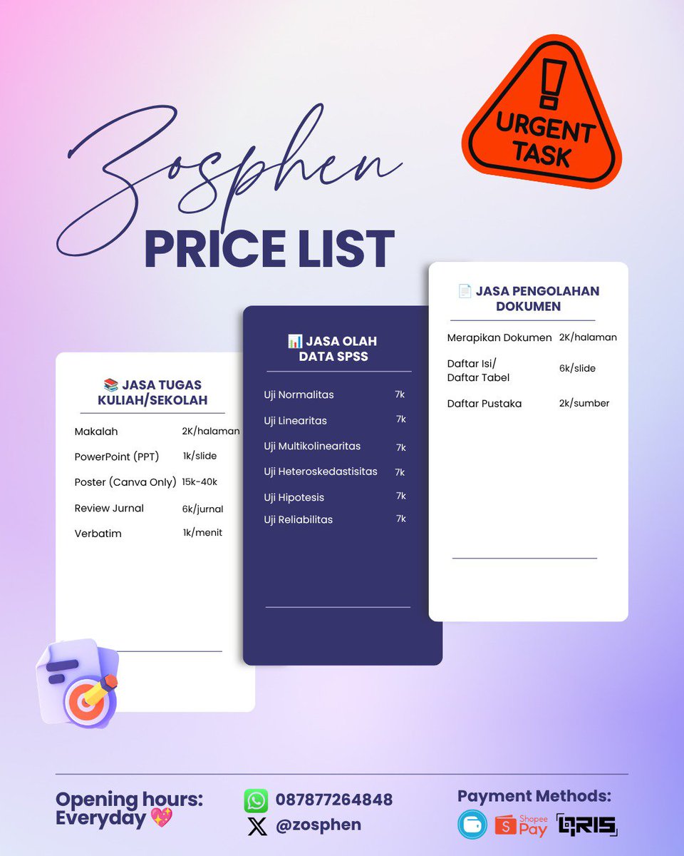 zosphen's tweet photo. Haloooww, aku open yaaa Jasa Tugas Kuliah/Sekolah, Jasa Olah Data SPSS, Jasa Pengolahan Dokumen, Makalah &amp; PPT, Review Jurnal, Poster (Canva Only), Daftar Isi &amp; Daftar Tabel, Daftar Pustaka, Verbatim dan lainnya~

WA di BIO yaaa<3
#zonauang #joki https://t.co/CKRQWm5RZI