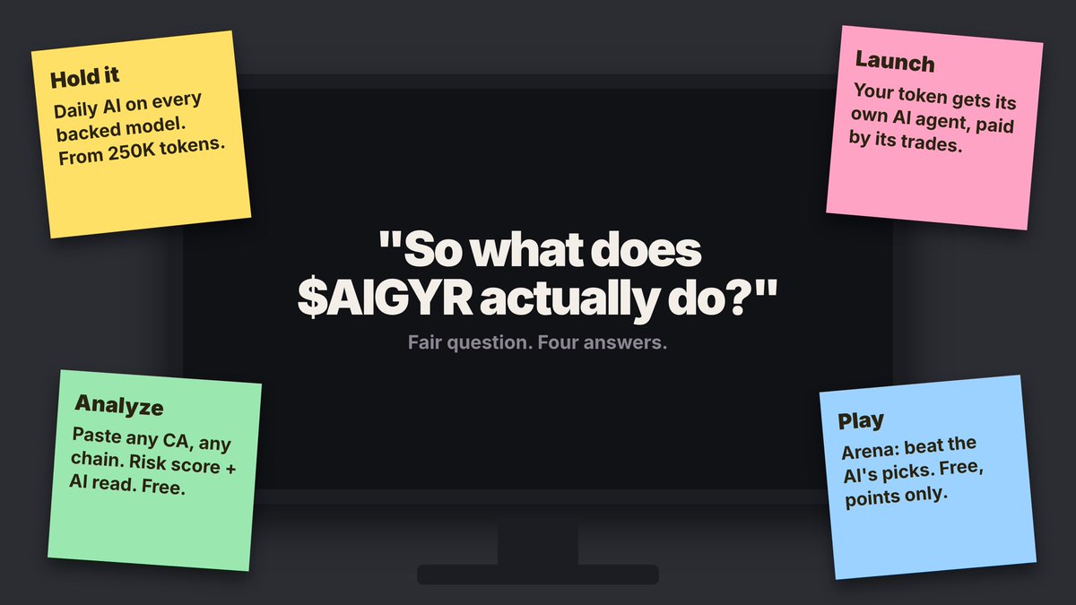useaigyr's tweet photo. "So what does $AIGYR actually do?"

Fair question. Four answers:

Hold it: daily AI on every backed model, from 250K tokens
Launch: your token gets its own AI agent
Analyze: paste any CA, get a risk score and an AI read
Play: beat the AI in the Arena

https://t.co/NQUjITVipo https://t.co/xgqWHyko97
