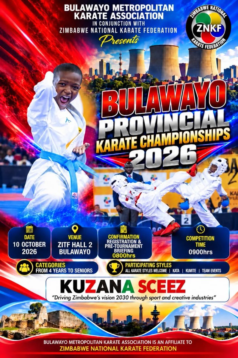 KarateZimbabwe's tweet photo. 🥋 ZNKF IS COMING TO KUZANA SCEez! 🥋

We are exhibiting at the Kuzana Expo and hosting the Bulawayo Provincial Karate Championships right at the venue!

Come through and watch an explosive showcase of Kata and Kumite from athletes aged 4 to Seniors.

📍 Where: ZITF Hall 2, Bulawayo
🗓️ When: 10 October 2026 | 0900hrs (Briefing at 0800hrs)
🎟️ Who: Everyone is invited! All styles welcome.

Don't miss the action! Let’s Play. Create. Connect. Prosper. 🇿🇼

#ZNKF #KuzanaExpo #KarateZimbabwe #Kata #Kumite #Bulawayo #fromTalentToGDP