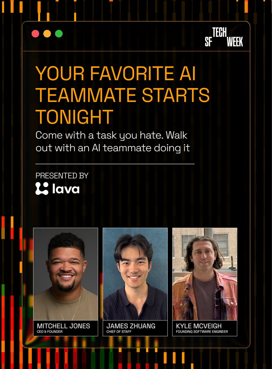 MitchJones_'s tweet photo. Our @trylava X @Techweek_ event is filling up FAST 🏃💨 

Sign up soon. This will be the most helpful agent session you attend. Bring a task you hate and your new Lava AI teammate will be doing it by the end of the night. 

Come get it while it’s 🔥🎟️ (link in comments) https://t.co/iqpRCJgeiK