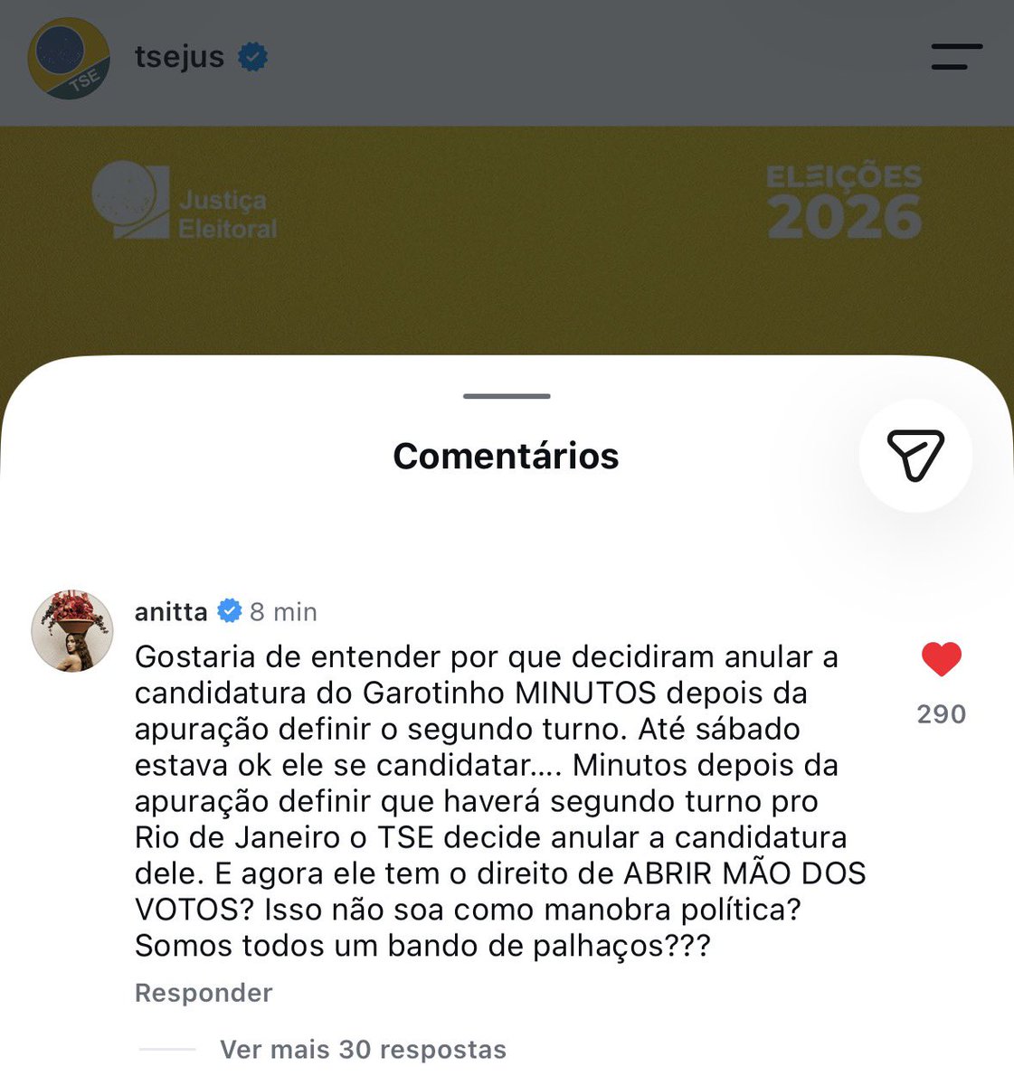 RedeAnittaBRs's tweet photo. 🚨 MEU DEUS! Anitta comentou na última publicação do TSE no Instagram:

“Gostaria de entender por que decidiram anular a candidatura do Garotinho MINUTOS depois da apuração decidir segundo turno […] Isso não soa como manobra política? Somos um bando de palhaços?” https://t.co/WUF3KW8ywi