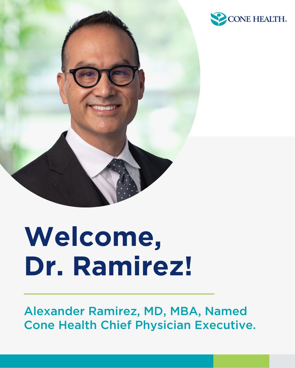 ConeHealth's tweet photo. 👏 We're pleased to announce Dr. Alexander Ramirez, MBA, as Cone Health's new Chief Physician Executive. 

🗞️ Read more about Dr. Ramirez here: https://t.co/vsusWcRun8

#ConeHealth #HealthcareLeadership https://t.co/DBsbY195F1
