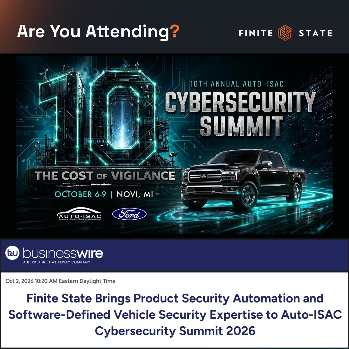 FiniteStateInc's tweet photo. 🚗 Does this vulnerability actually affect our products, and where?
At #AutoISAC 2026, Finite State will show how automotive teams can prioritize real exposure, accelerate PSIRT response, &amp; strengthen security across the software supply chain. 📍 Booth 10 https://t.co/BpwnIlUAh4 https://t.co/XnProLkTFR