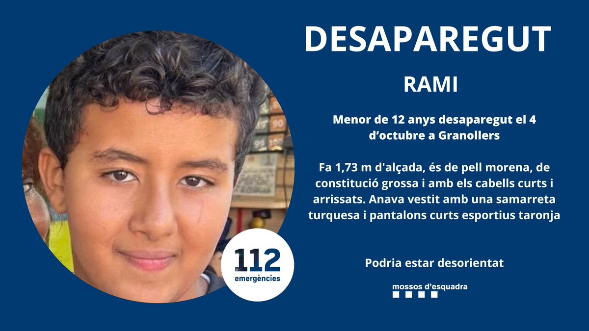 andreajvilloria's tweet photo. 🔴🔴🔴MÀXIMA DIFUSIÓ. 

Els @mossos demanen ajuda per trobar el Rami, un nen de 12 anys desaparegut a Granollers pel temporal. Té autisme i la nit de dissabte a diumenge, fa més de 36h, va sortir de casa espantat per la tempesta que va inundar la ciutat. 

https://t.co/9hOXOJLhtz https://t.co/LdK6CTn24d