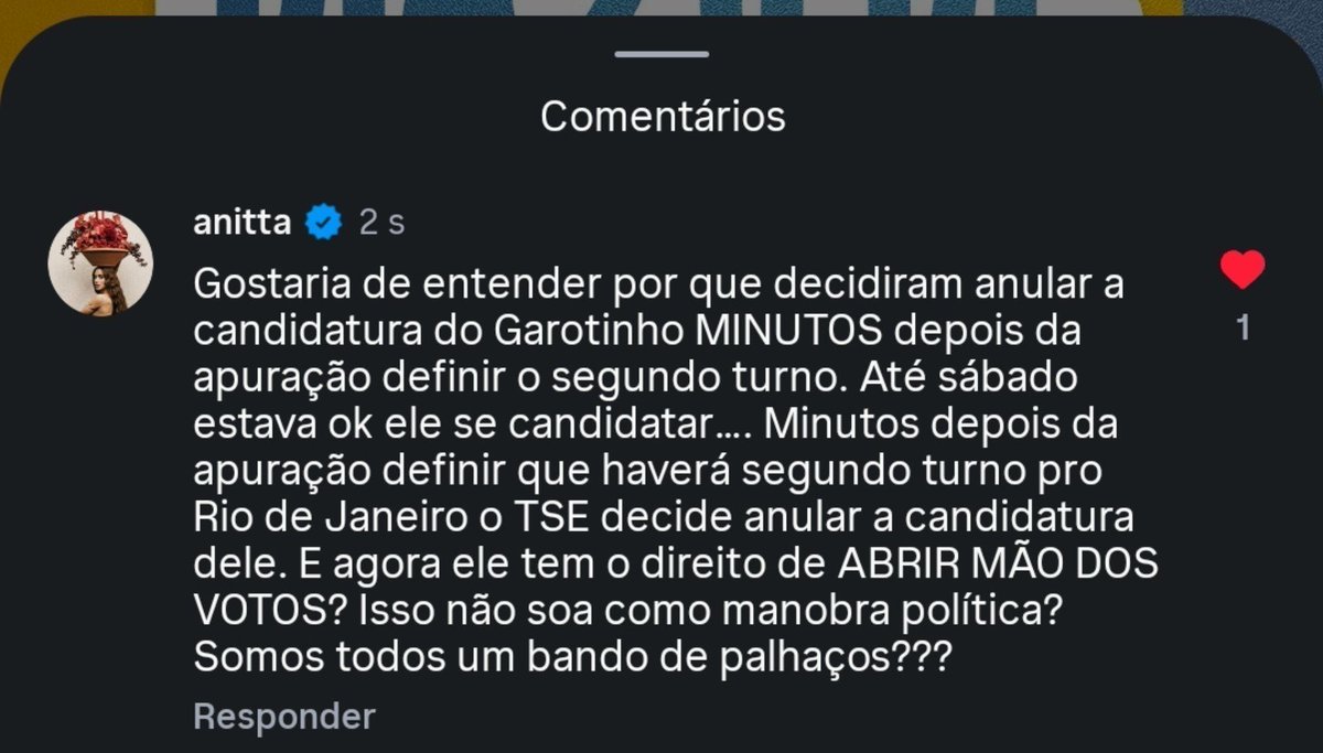 ExtensaoAnitta's tweet photo. 🚨MEU DEUS! Anitta comentou no último post do TSE;

— “Somos todos um bando de palhaços?” https://t.co/XLVDubHnAN