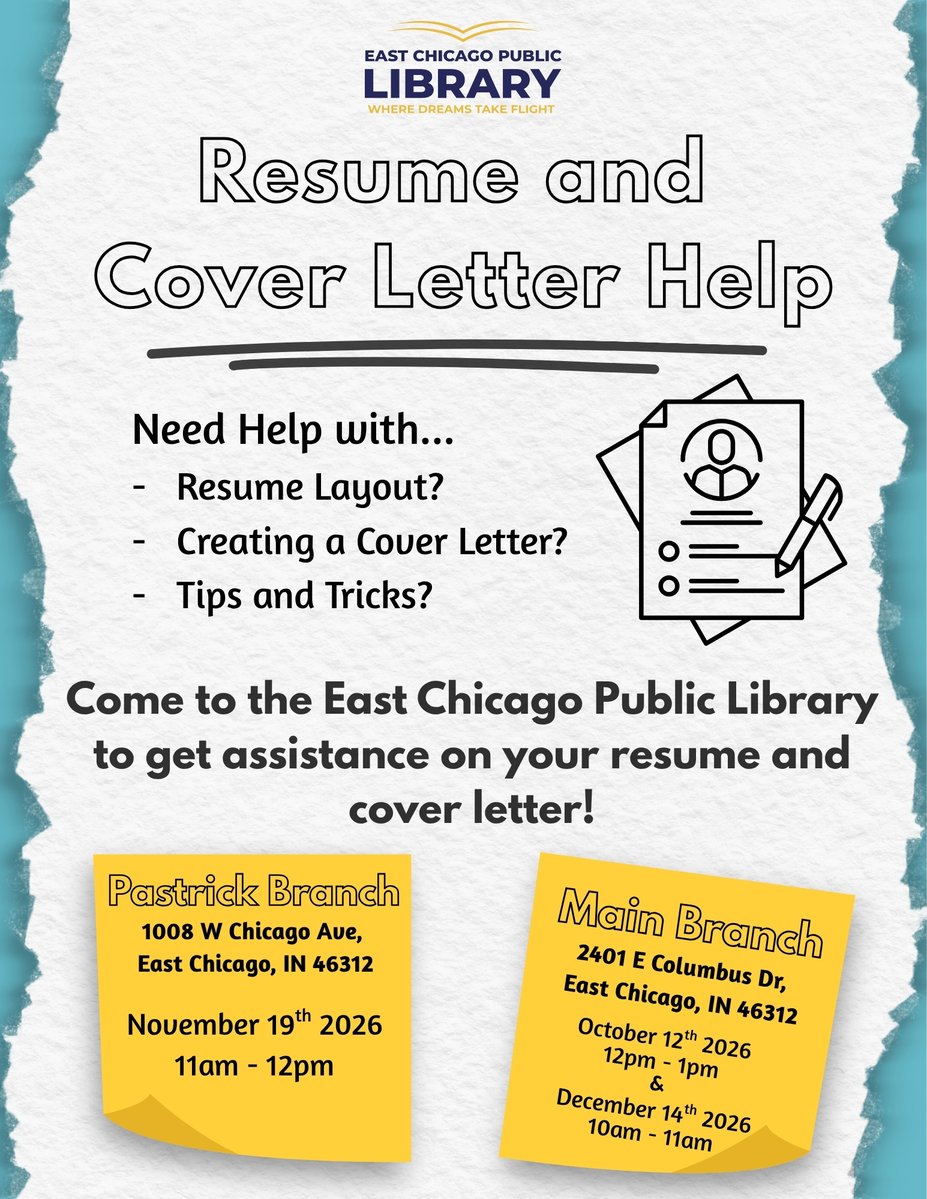 ECPublicLibrary's tweet photo. Need Assistance with Your Resume? We've Got You Covered! 📝✨

Join us next week at our Main Library on October 12th at 12PM for an hour-long session designed to help you build or refresh your resume and cover letter. Bring any materials you’d like to work on—we’re here to help! https://t.co/ms6DWogSJO