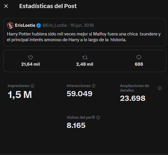 Eric_Lostie's tweet photo. Un tuit de 2018 que pasó sin pena ni gloria con 50 likes ahora tiene estas estadísticas.

La moraleja es que nunca te rindas. El éxito te puede llegar 8 años después cuando menos te lo esperes.

Sigo pensando que Malfoy debería haber sido mujer. https://t.co/G80eX5FI21