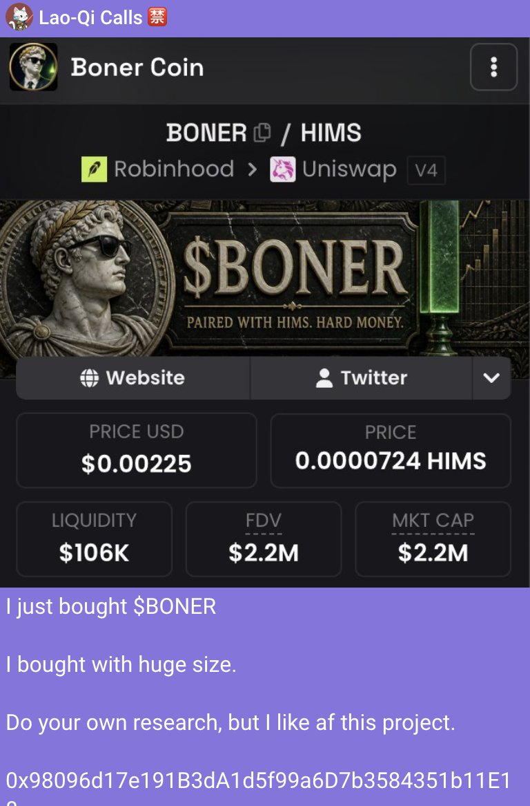 laoqi_hl's tweet photo. I was one of the first to call $BONER at a $2.2M MC.

I made over $1.5M from it, and I'm more than satisfied.

I'm not the type to make calls all the time, but when I do, they usually explode.

Everyone in my community made serious money from my call, and honestly, that means even more to me than the money.

On to the next.