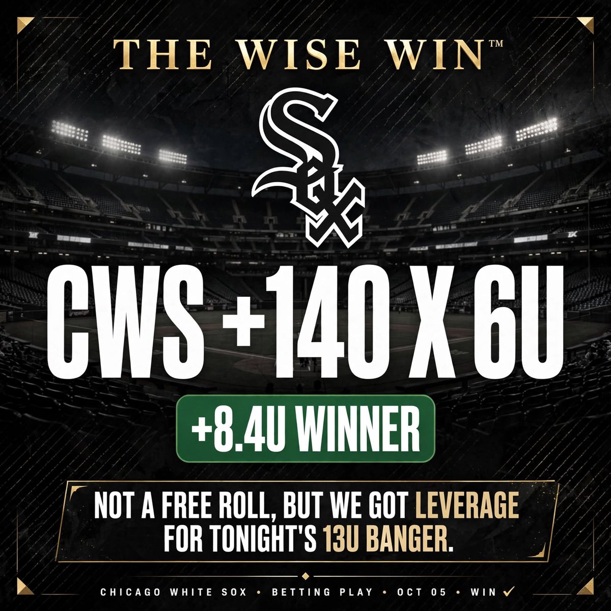 THEWISEWINtm's tweet photo. Plus money White Sox Winner. 💰
We got some leverage going into the 13U banger, gentlemen. #teamWise https://t.co/UF93tFu82x