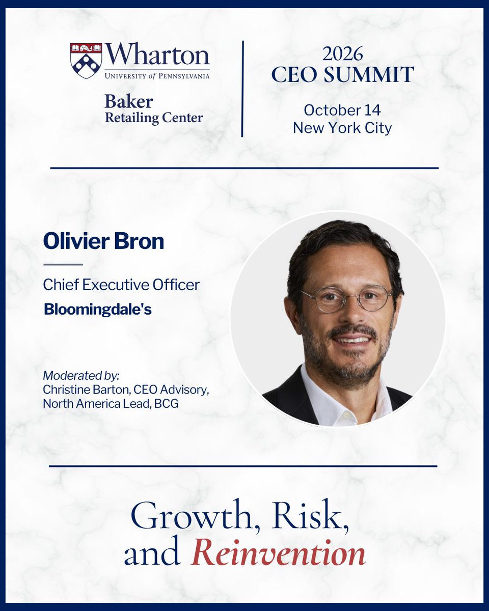 BakerRetailCtr's tweet photo. @Bloomingdale's CEO Olivier Bron will be joined by @BCG's Christine Barton to discuss flagship experiences, curation, and the modern department store.

Learn more about our upcoming CEO Summit: October 14, NYC
https://t.co/pkzWCu5hTP

#BakerCEOSummit https://t.co/EMonhGUBgK