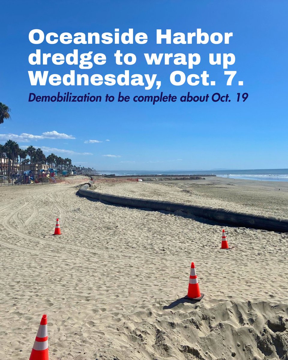 CityofOceanside's tweet photo. Oceanside Harbor dredge update: Sand placement wraps up this Wednesday, Oct. 7. The Army Corps of Engineers has cleared about 325,000 cubic yards of sand out of the Harbor inlet so far, with roughly 60,000 more to go. Get more details: https://t.co/vj6XkjfZMp https://t.co/8iOU6IneNt