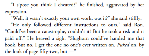PalaverousSE's tweet photo. Ron as usual serves as the common sense by pointing out that this is obviously not cheating, he's just following instructions as he should, his are just better. Harry even offers to share them, but Hermione rejects them out of stubbornness. https://t.co/VOeHACFsIy