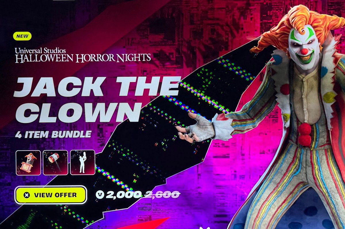 insideuniversal's tweet photo. Jack the Clown is now available to purchase in Fortnite! The bundle costs 2,000 V-Bucks. #HHN35 #Fortnite @HorrorNightsORL https://t.co/Mvi4fjN6AK